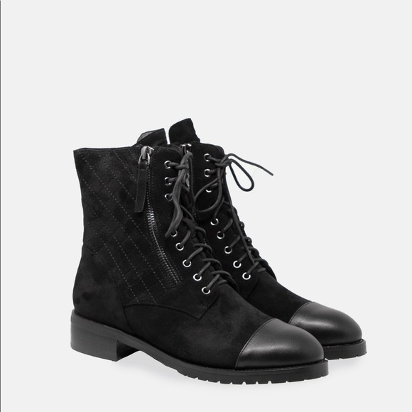 Quilted Detail Lace Up Ankle Boots with Rubber Lug Sole in Black Faux Suede US 7 - Picture 4 of 16